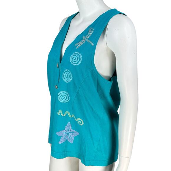 Vintage Blue Cactus Vest Women Small Coastal Artsy Oversized Y2K 90s Block Print - Picture 2 of 10